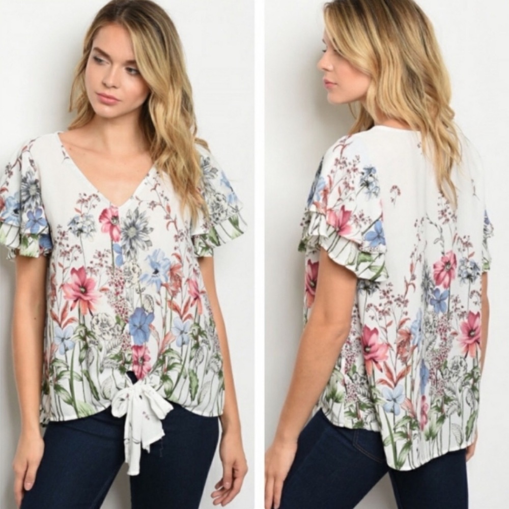 Vine & Love Garden Floral Boho Knotted Tie Blouse - Picture 10 of 12